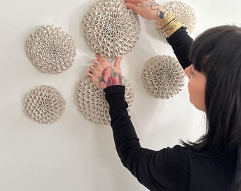 Bloom – Porcelain Dahlia Wall Sculpture Installation | White Ceramic Flower Art (28" x 17")