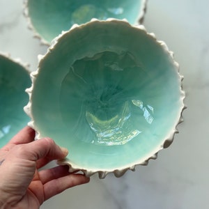 Medium Copper Blue Scallop Bowl Aqua Blue White Porcelain Bowl Ceramic Bowl, Gift for her, housewarming gift, foodie gift image 3