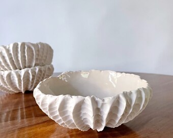 Medium Peach Blush Scallop Bowl - Peach  Porcelain Bowl, White Ceramic Bowl
