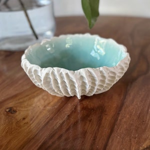 Medium Copper Blue Scallop Bowl Aqua Blue White Porcelain Bowl Ceramic Bowl, Gift for her, housewarming gift, foodie gift image 2