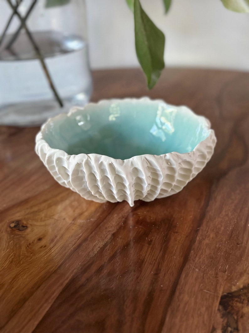 Medium Copper Blue Scallop Bowl Aqua Blue White Porcelain Bowl Ceramic Bowl, Gift for her, housewarming gift, foodie gift image 2