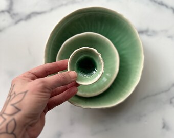 Set of 3 Jade Green Porcelain Nesting Bowls -  Green and White Ceramic, Serving Bowl Set