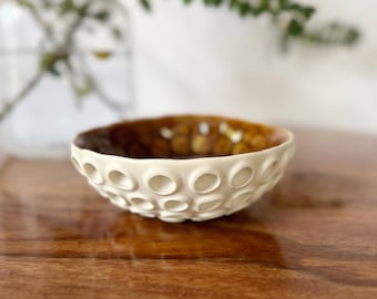 Medium Amber Lotus Bowl  - Carved Ceramic Bowl, Ring Dish, Trinket Dish