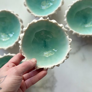 Small Blue Scallop Bowl - White Porcelain Ring Dish, Handmade Decorative Bowl