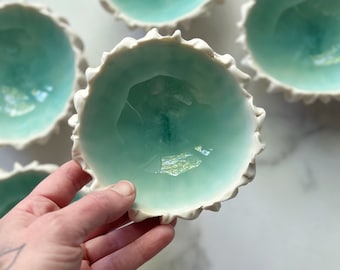 Small Blue Scallop Bowl - White Porcelain Ring Dish, Handmade Decorative Bowl