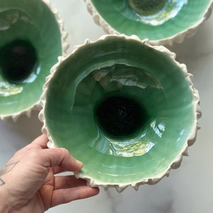 Jade Green Medium Scallop Bowl Green and White Textured Ceramic Serving Bowl, Handmade Pottery Bowl, Catch All image 2