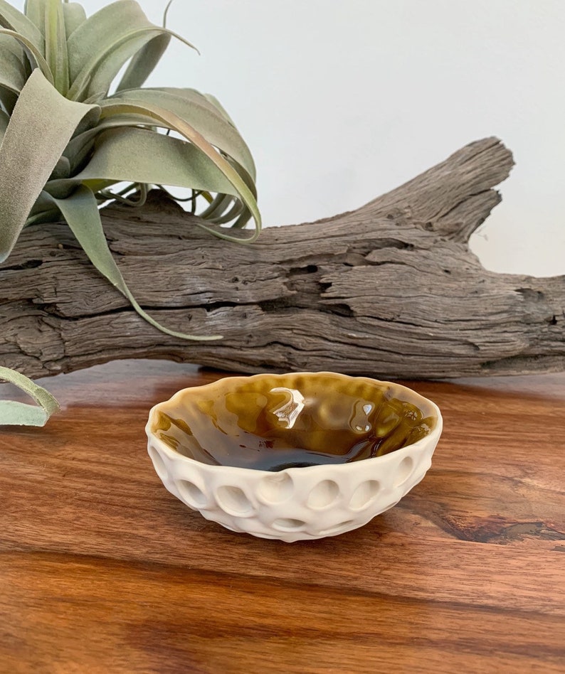 Small Amber Lotus Bowl Small Carved Ceramic Bowl, Ring Dish, Pinch Bowl, Trinket Dish image 2