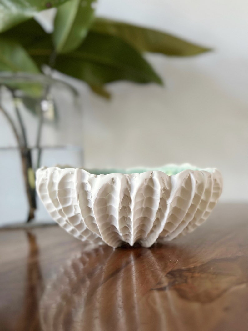 Jade Green Medium Scallop Bowl Green and White Textured Ceramic Serving Bowl, Handmade Pottery Bowl, Catch All image 5