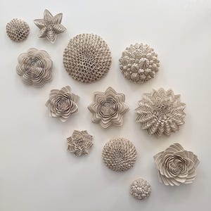 May include: A collection of beige, handcrafted, floral wall art pieces in various sizes and shapes. The set includes star-shaped, round, and flower-like designs, all with detailed textures and layered petals. The pieces are mounted on a white wall.