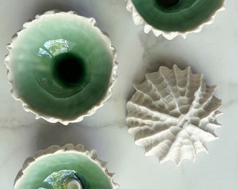 Small Jade Green Scallop Bowl - Handmade Ceramic Decorative Bowl, Textured Porcelain Ring Dish