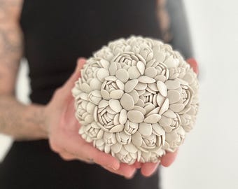 Escheveria Floral Wall Sculpture: White Porcelain Ceramic Art