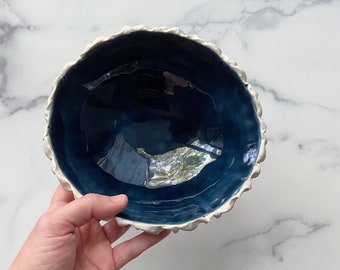 Medium Navy Blue Scallop Bowl - Porcelain Bowl, White Ceramic Bowl, Gift for her, housewarming gift, foodie gift, pottery