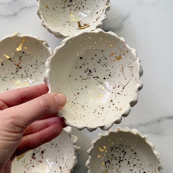 Small Gold Splatter Scallop Bowl - Small Ceramic Bowl, Handmade Pottery, Ring Dish, Pinch Bowl, Small Porcelain Dish