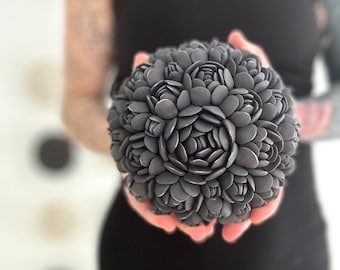 Black Round Porcelain Wall Sculpture - Escheveria  - Porcelain Wall Art, White Ceramic Sculpture, Textured Wall Tile