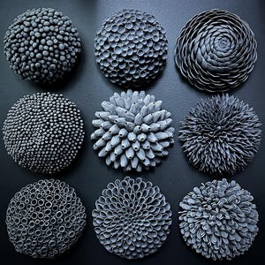 May include: Nine round wall sculptures made of gray ceramic. Each sculpture has a different pattern of raised circles, bumps, and ridges.