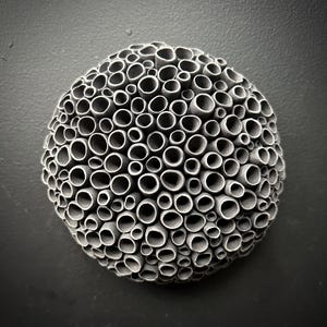 May include: A gray, spherical wall sculpture composed of numerous small, cylindrical tubes. The tubes are arranged in a dense, honeycomb-like pattern, creating a textured surface. The sculpture is mounted on a dark gray wall.