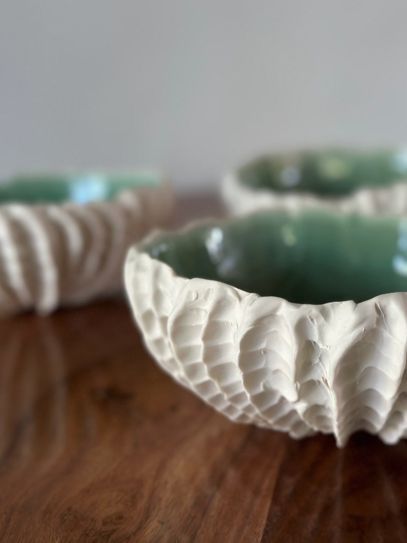 Jade Green Medium Scallop Bowl Green and White Textured Ceramic Serving Bowl, Handmade Pottery Bowl, Catch All image 8