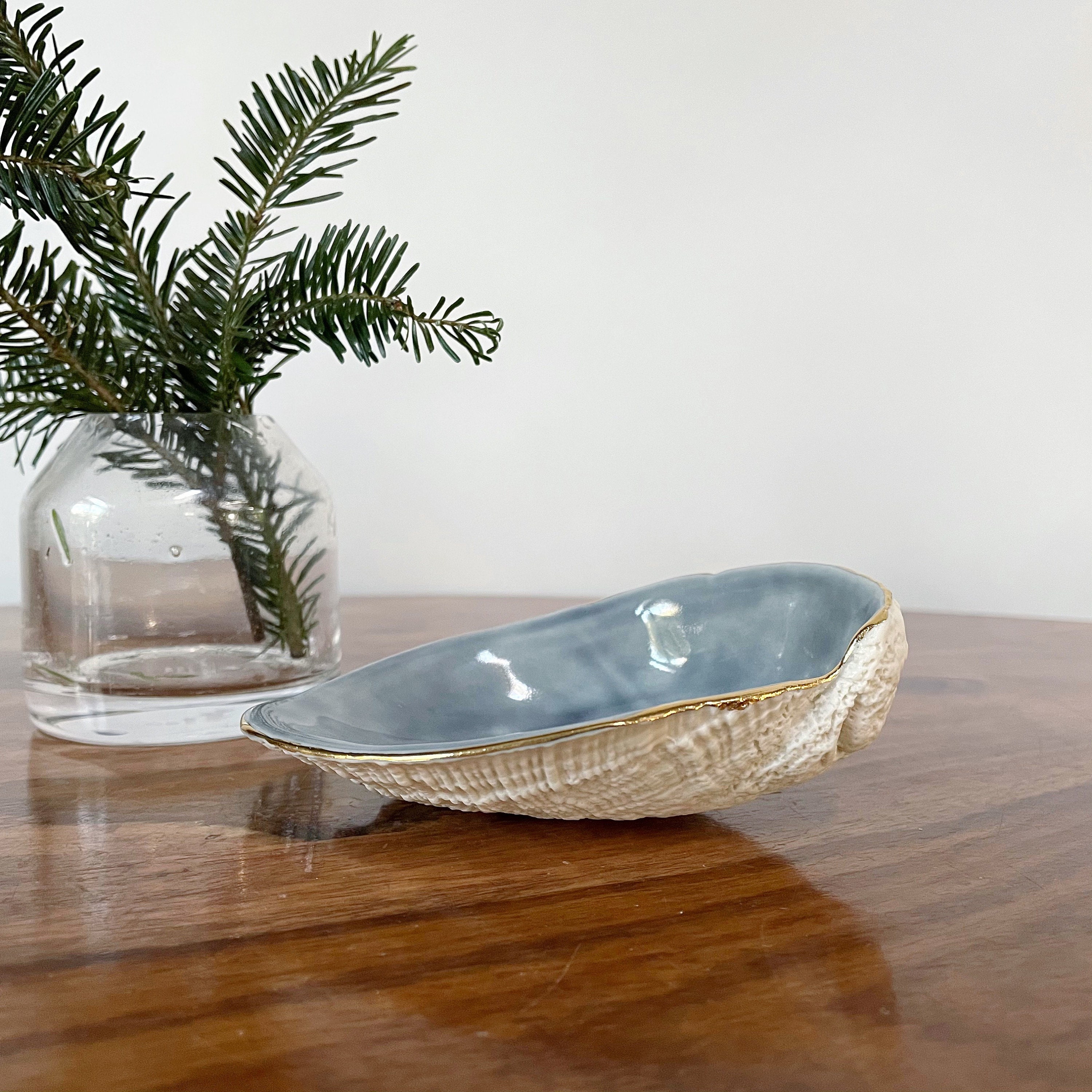 Gold Trim Abalone Bowl - Anneau Gris Plat Céramique Plage Décor Trinket Or Petit Bol