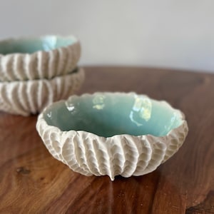 Medium Copper Blue Scallop Bowl - Aqua Blue White Porcelain Bowl Ceramic Bowl, Gift for her, housewarming gift, foodie gift