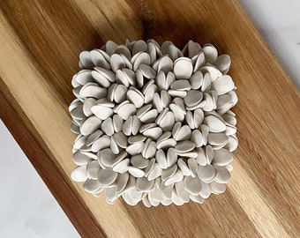 Puede incluir: Una escultura de pared de cerámica blanca hecha de muchas formas pequeñas y redondeadas. La escultura está dispuesta en un racimo, que se asemeja a una flor.