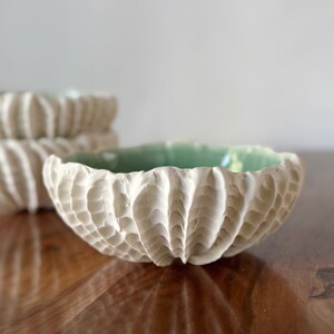 Jade Green Medium Scallop Bowl Green and White Textured Ceramic Serving Bowl, Handmade Pottery Bowl, Catch All image 10