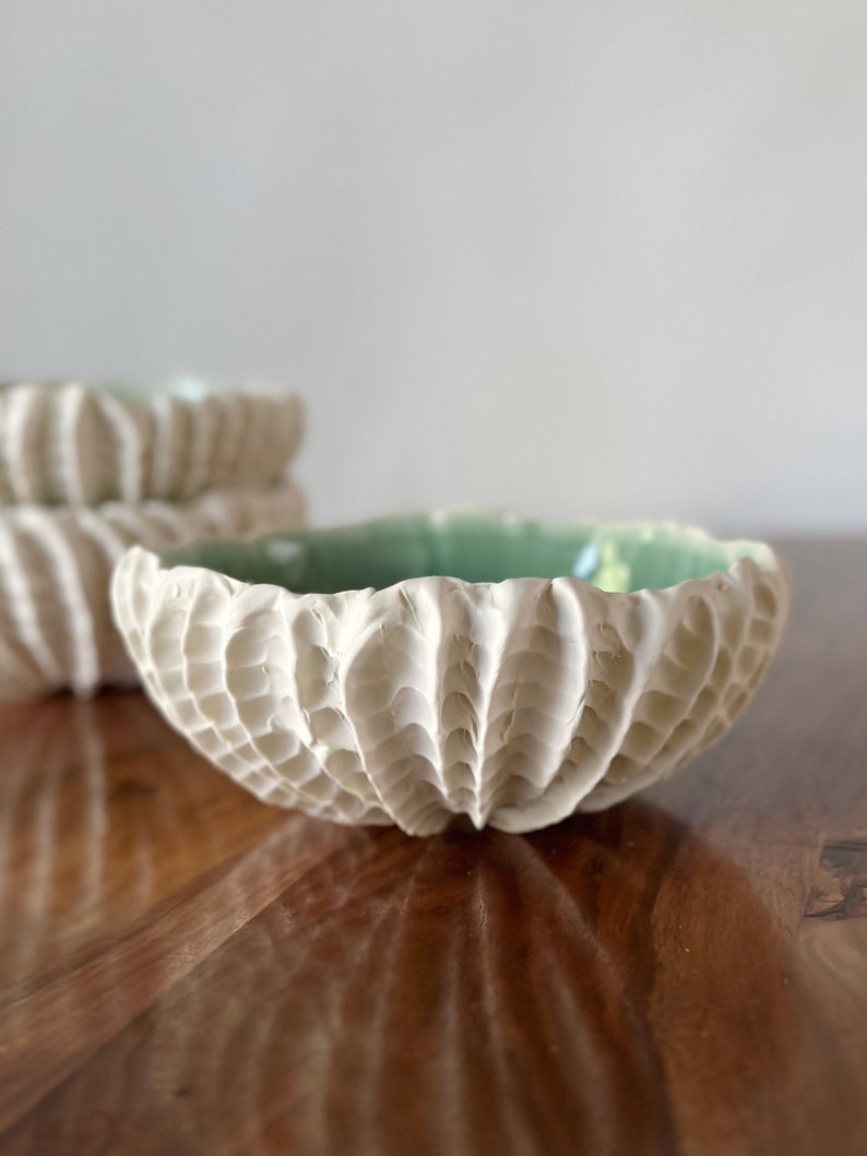 Jade Green Medium Scallop Bowl Green and White Textured Ceramic Serving Bowl, Handmade Pottery Bowl, Catch All image 10