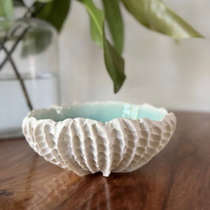 Medium Copper Blue Scallop Bowl Aqua Blue White Porcelain Bowl Ceramic Bowl, Gift for her, housewarming gift, foodie gift image 7