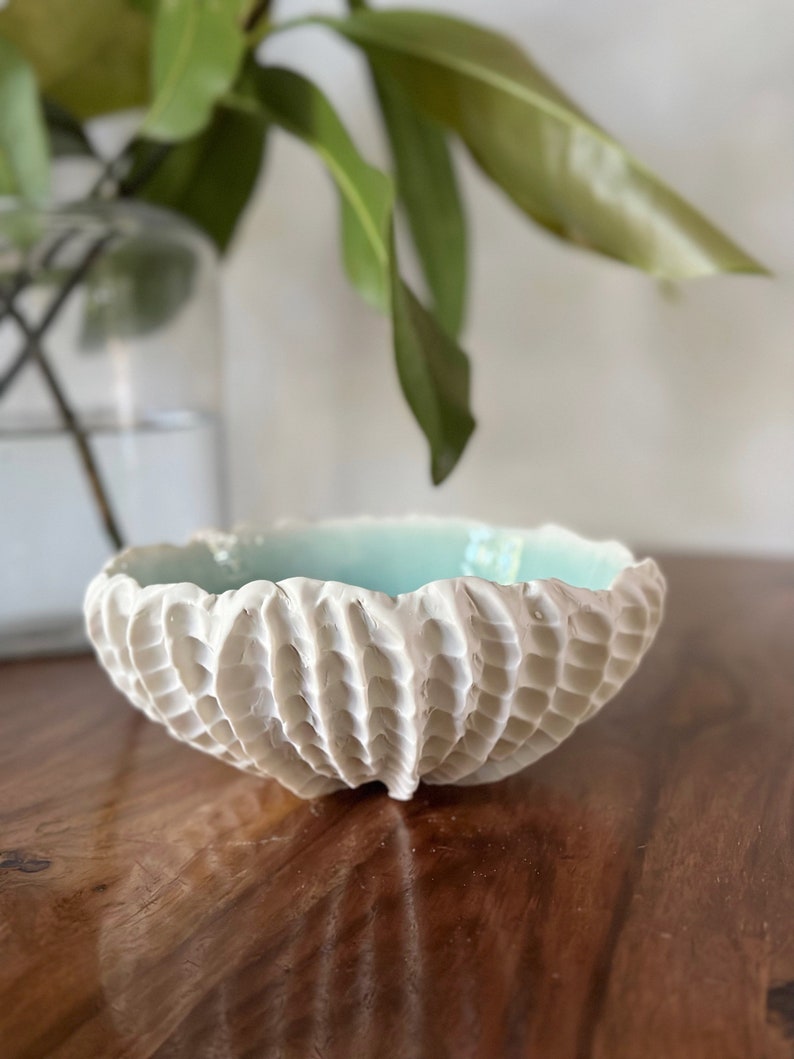 Medium Copper Blue Scallop Bowl Aqua Blue White Porcelain Bowl Ceramic Bowl, Gift for her, housewarming gift, foodie gift image 7