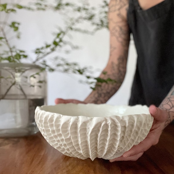 Large Snowflake White Scallop Bowl - White Handmade Ceramic Bowl, Porcelain Dish, Pottery Bowl, Fruit Bowl