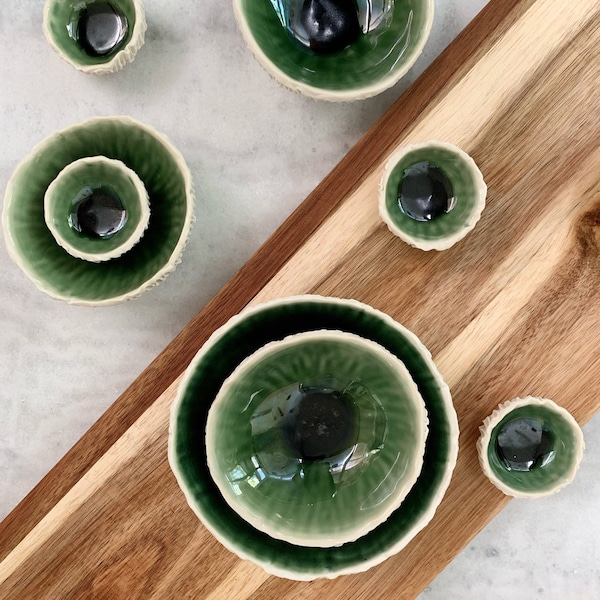 Tiny Green Geode Bowl - Green and White Ceramic Bowl, Ring Dish, Salt Dish, Small Porcelain Dish