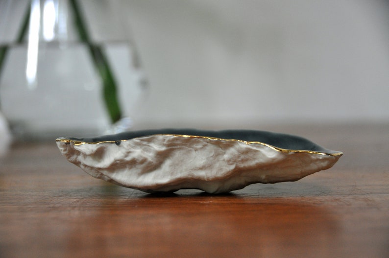 Oyster Ring Dish Gray Gold Trim Ceramic Ring Dish Trinket Etsy