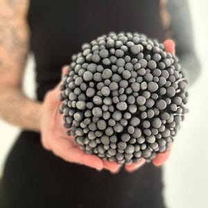 May include: A spherical, textured sculpture composed of numerous small, gray, rounded elements. The sculpture is held in open hands against a blurred background, showcasing the intricate surface and form of the object.