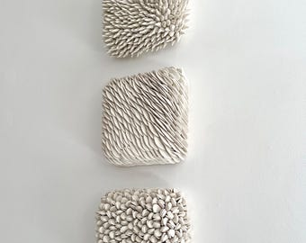 Textured Porcelain Tile Trio: Botanical Ceramic Wall Art