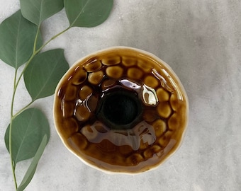Small Amber Lotus Bowl  - Small Carved Ceramic Bowl, Ring Dish, Pinch Bowl, Trinket Dish