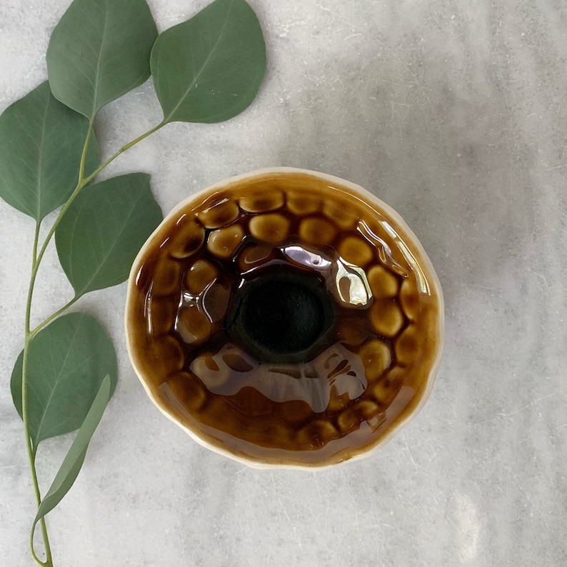 Small Amber Lotus Bowl Small Carved Ceramic Bowl, Ring Dish, Pinch Bowl, Trinket Dish image 1