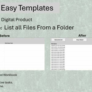 May include: A computer screen showing a before and after view of a spreadsheet. The before view is empty, while the after view shows a list of files and their folder paths. The text "Excel VBA - Macro Enabled Workbook" is visible below the screen. The text "Automate repetitive tasks. Save valuable time." is also visible. The text "Work Smarter Not Harder!" is visible in the bottom right corner of the screen.