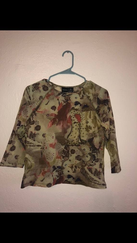 90s shirt top blouse sheer Asian rhinestone mesh