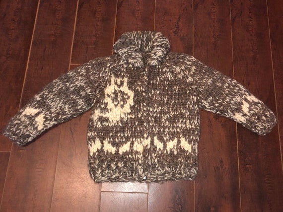 Cowichan Owl Cardigan Sweater, Vintage Zip Up Knit