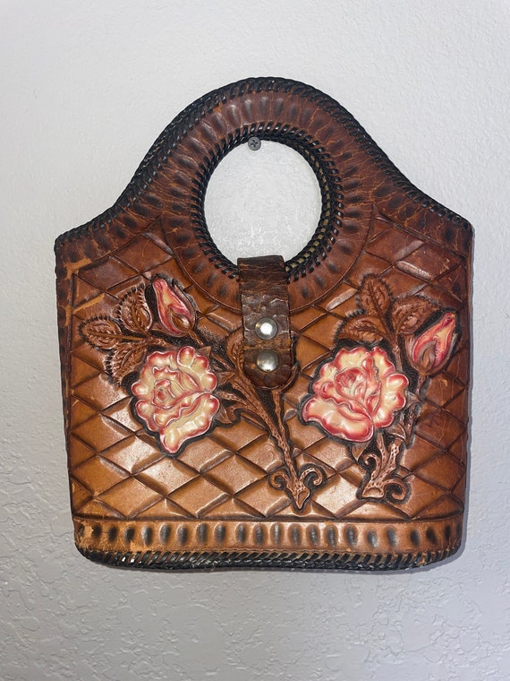 Vintage brown Leather tooled Purse roses