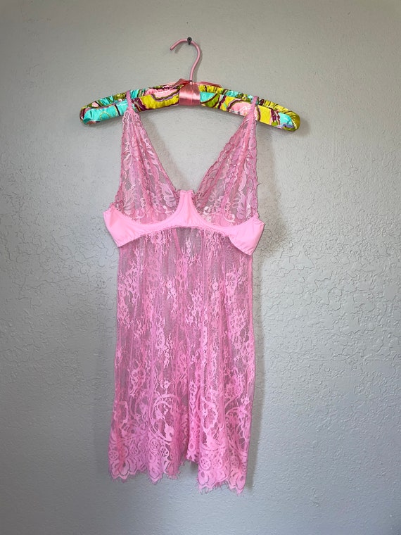 Sexy Victoria's Secret Sheer PINK Stretch LACE Mini DRESS Long Sleeve off  Shoulder Nightie Nighty See Thru Nightgown Y2K Lingerie M 