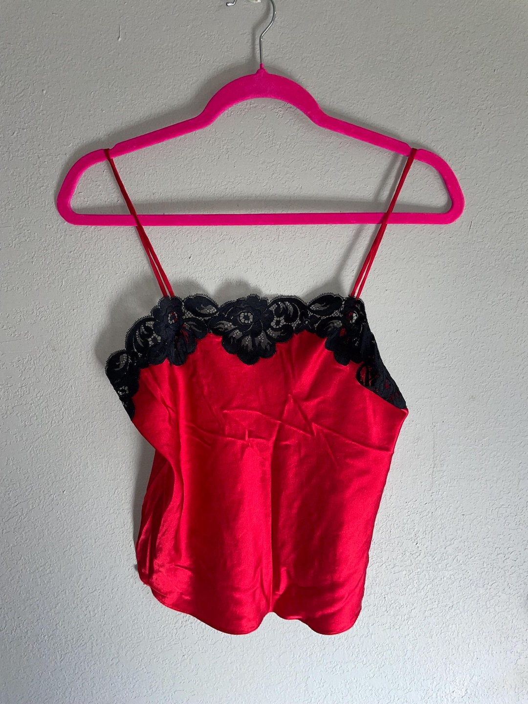 CAMISOLE Top Silk Tank Top Lingerie Red Lace Small Vintage Y2K 80s