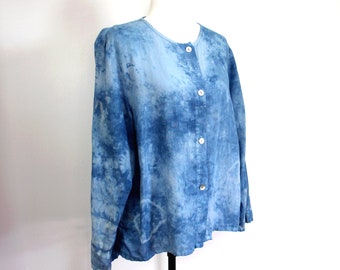 Vintage denim blue tie dye linen blouse, RUSS BERENS Malibu, Made in USA