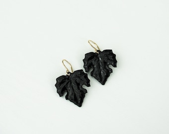 Black Maple Leaf Earrings Vintage Drops, 14K Gold Fill for Sensitive Ears, Nature Inspired