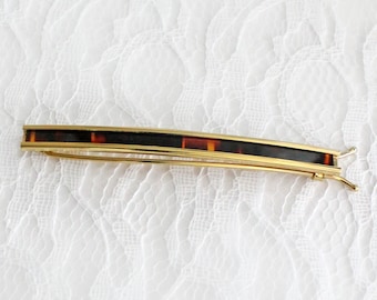 Vintage Hair Barrette Gold Tone Metal Tortoise Inlay Wire Clasp New Old Stock Hair Accessory