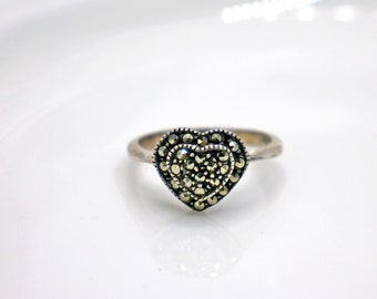 Vintage Sterling Silver Marcasite Heart Ring, Size 6.5