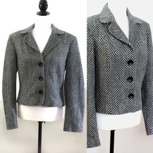 Vintage Herringbone Jacket, Black & White Fall Blazer, Crop Wool