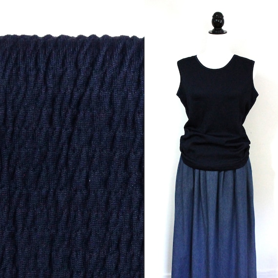 Navy Popcorn Top, Micropleat Tee, Vintage Sleevele