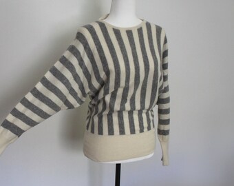 lambswool angora sweater, vintage grey cream striped women's pullover, dolman sleeves