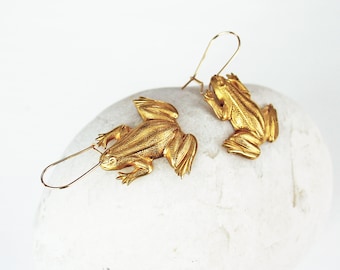 Gold Frog Earrings, Raw Brass, 14K Gold Fill Ear Wires