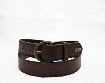 Brown leather belt, ABERCROMBIE, Vintage rustic belt with antiqued brass buckle, Made in Canada, Size S to M